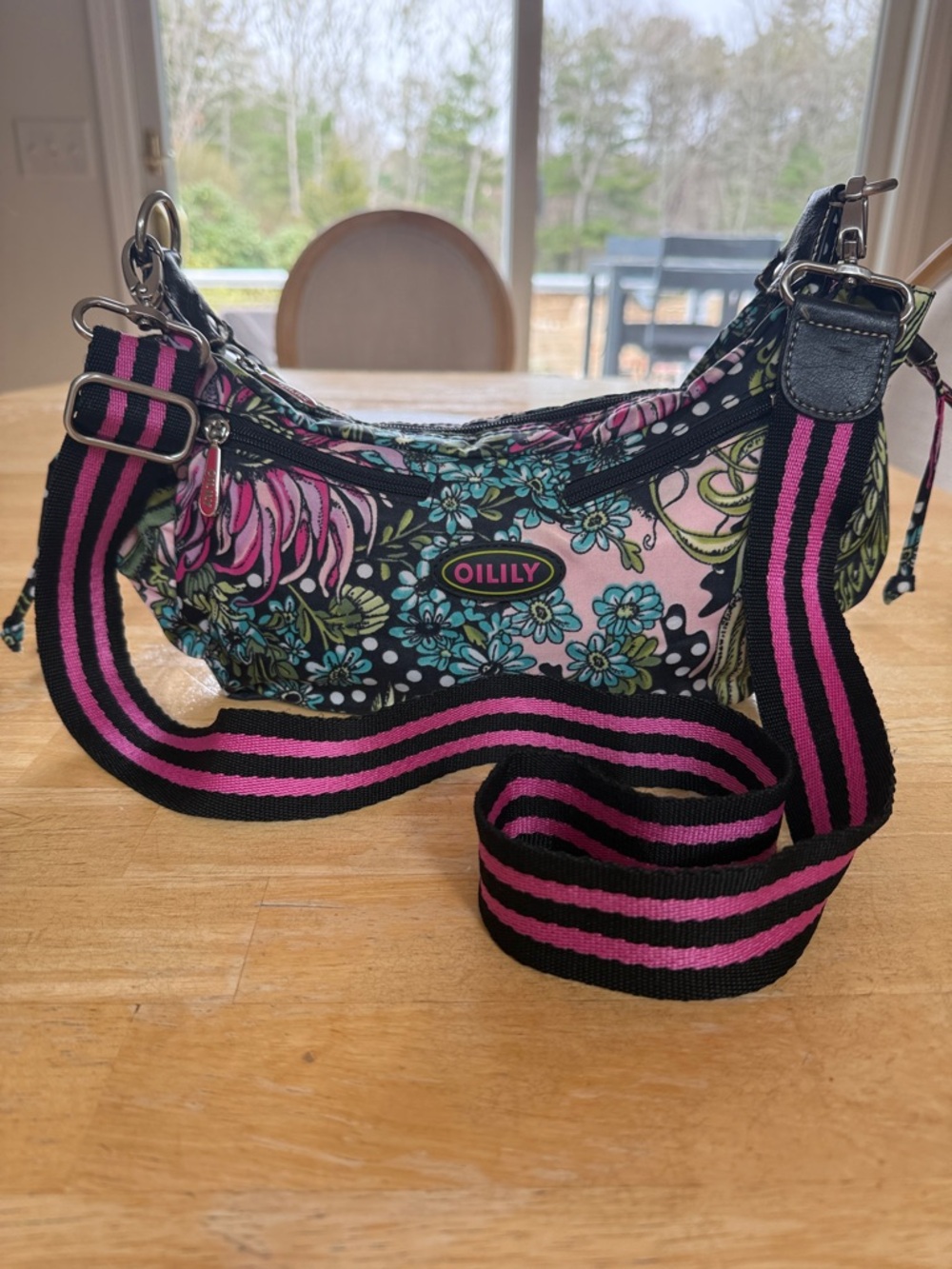 Oilily Black Pink Floral Crossbody Bag